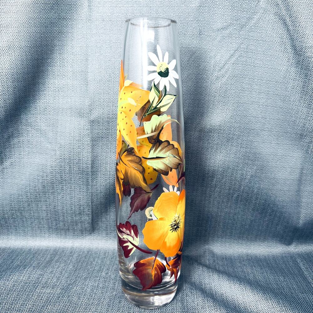 Hand painted Flower Art Glass Vase Fall Leaves Thanksgiving Halloween Home Decor